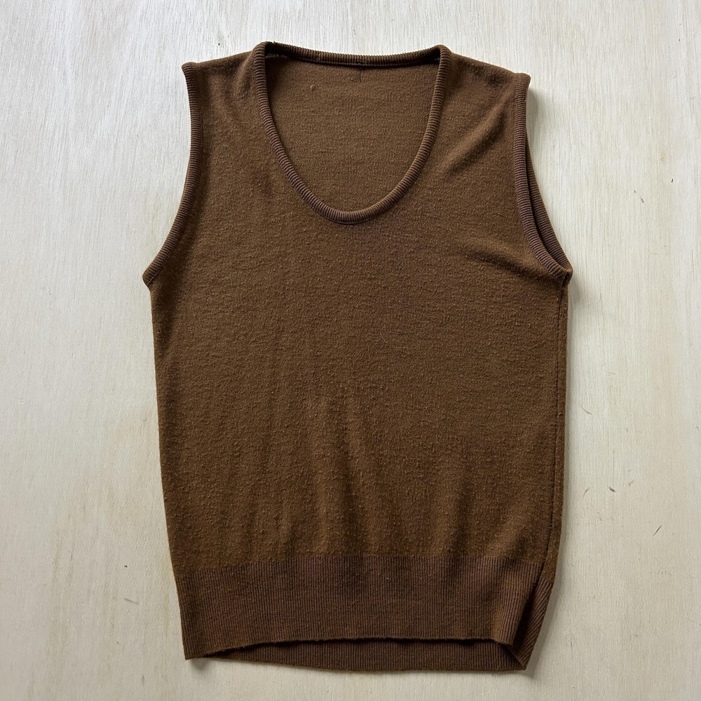 Vintage 80s Sweater Vest Men Small Brown Tight Knit Round Neck Sleeveless Casual